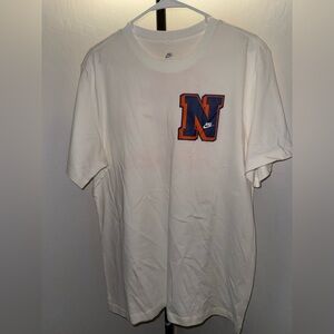 Nike Men's Cream Tee with Orange and Blue 'N' Logo